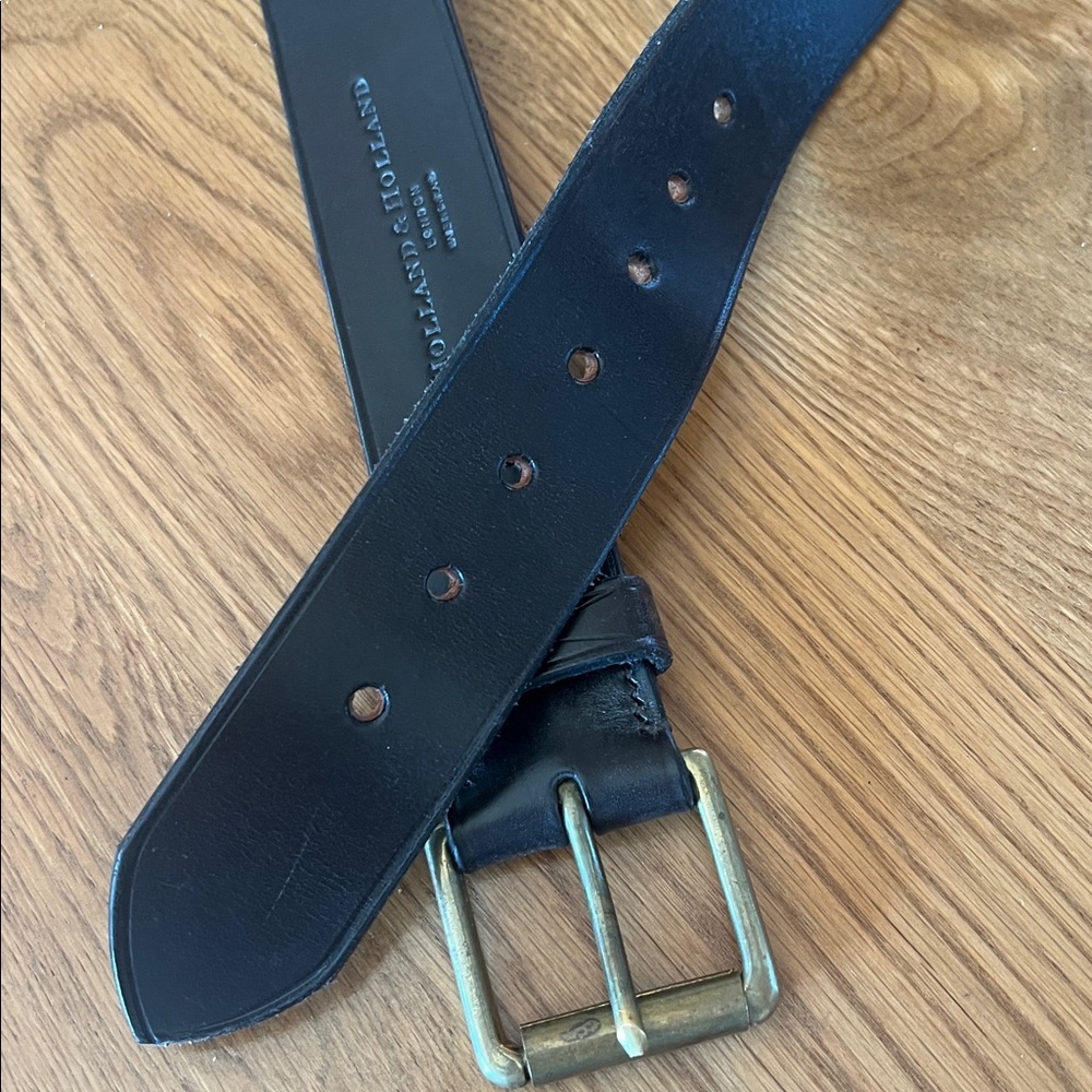 Holland & Holland Men Black Classic Bridle Leather Belt Solid Brass Buckle 42-44